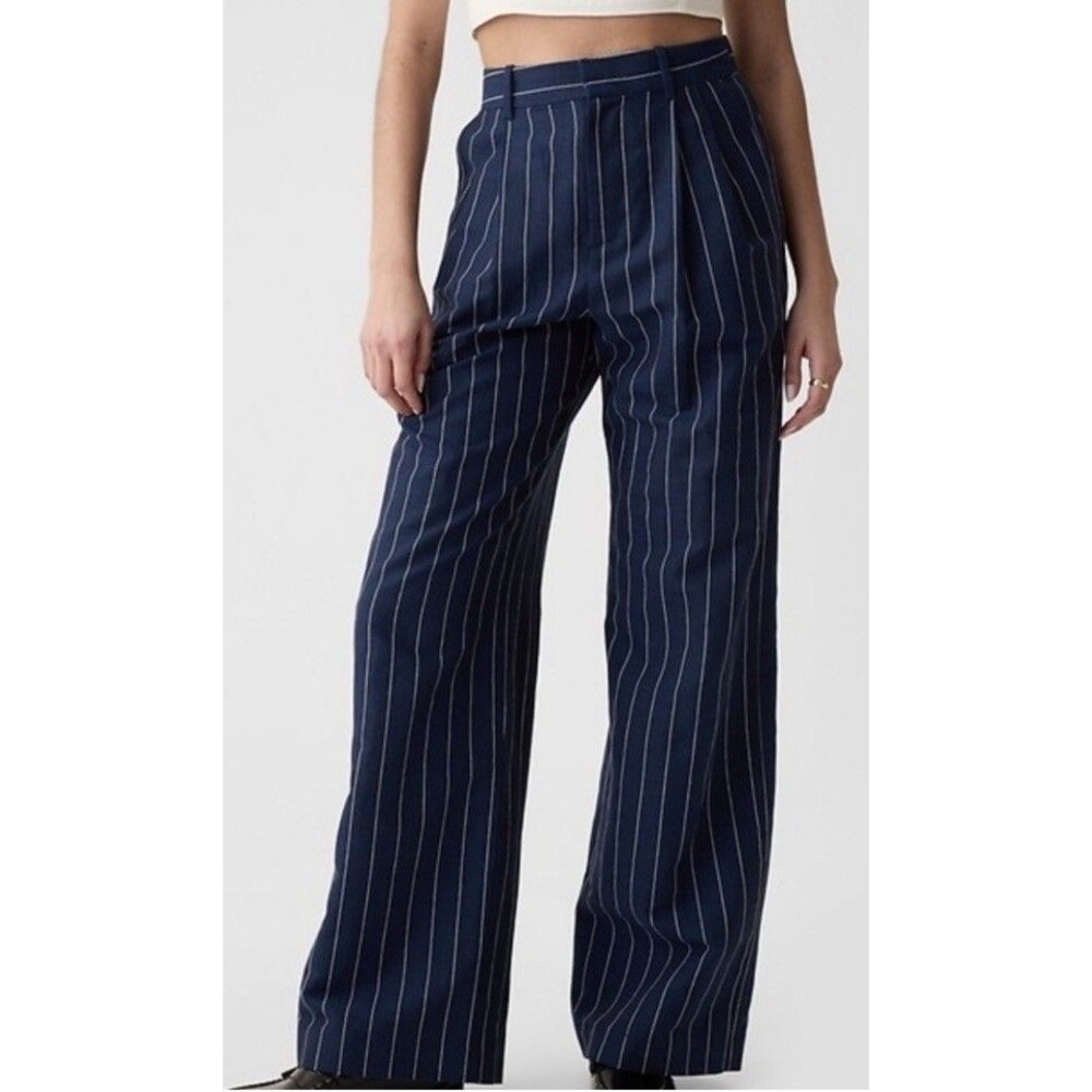 Gap Navy Pinstripe High Waisted Wide Leg Pleated Pants Women’s 6 Linen Blend